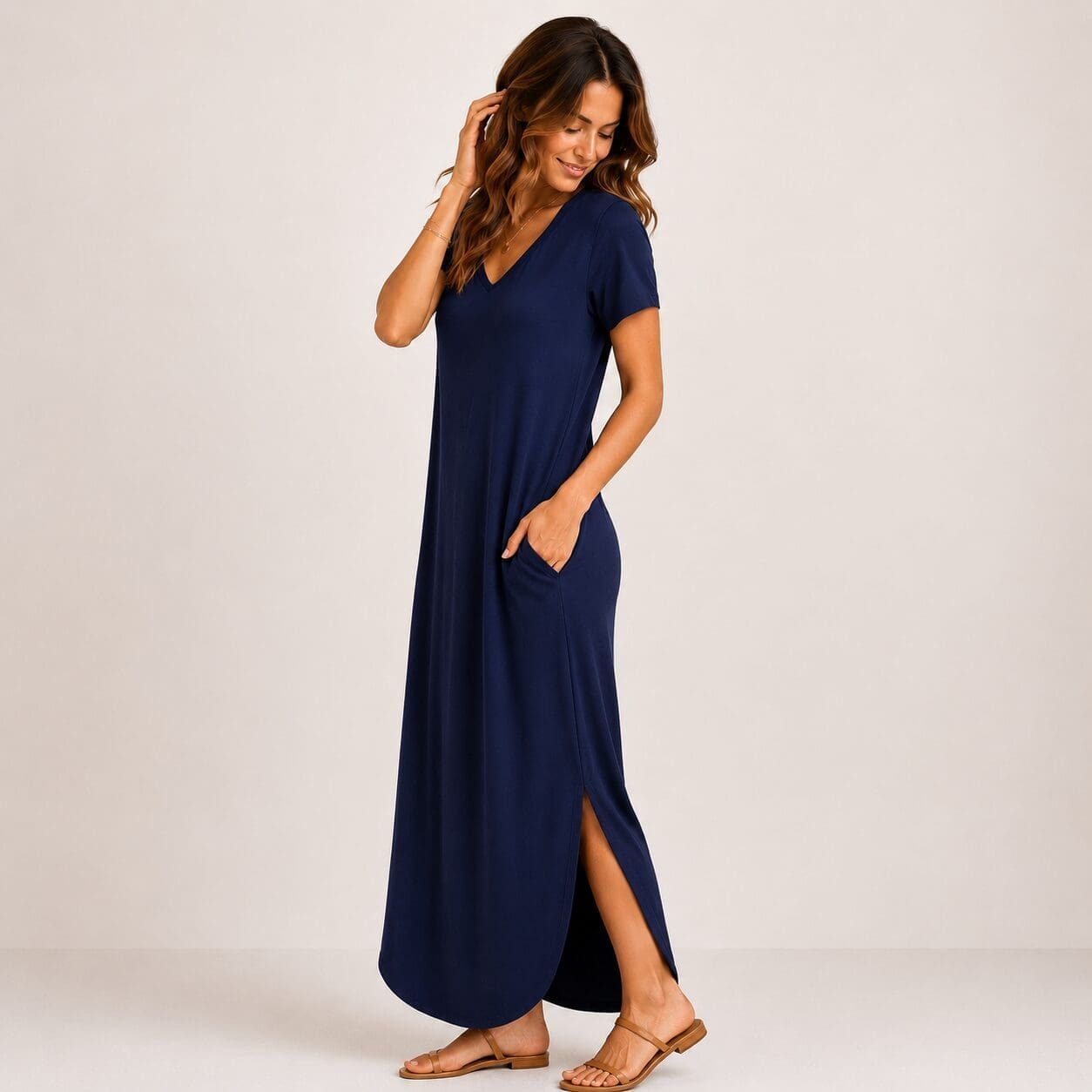 Maxi Dress With Pocket Detail short sleeve navy Maxi Dress With Pocket Detail short sleeve navy