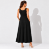 Black A-line maxi dress with scoop back and flowing skirt with pockets
