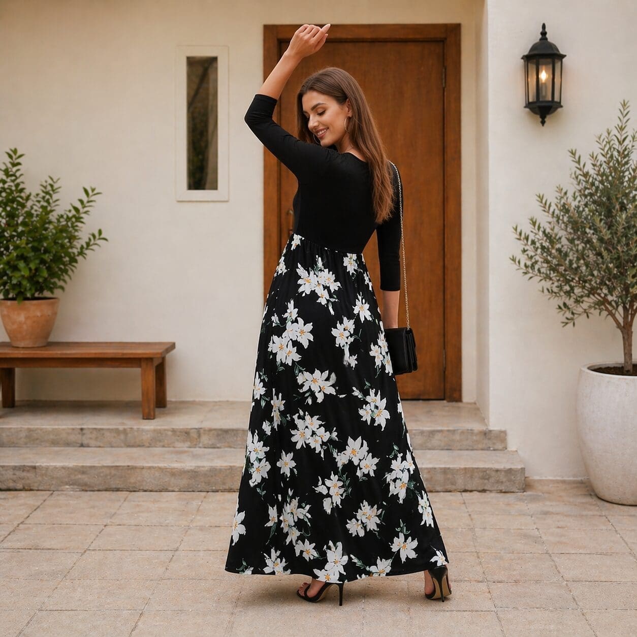 scoop neck floral dress with long sleeves made in South AFrica scoop neck floral dress with long sleeves made in South AFrica