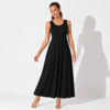 Black scoop neck fit and flare maxi dress by LOVU, front view with pockets