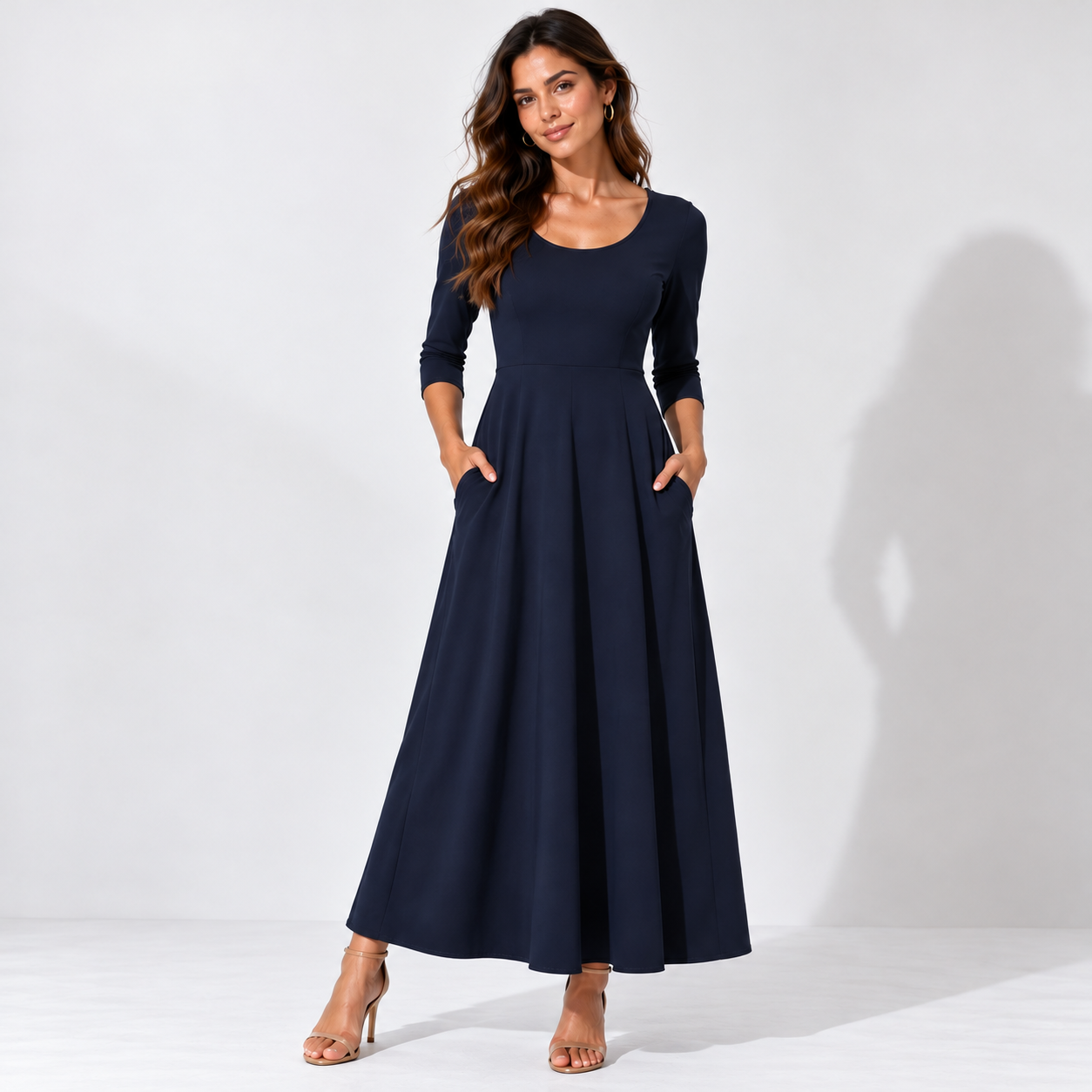 LOVU navy stretch maxi dress with scoop neckline and three-quarter sleeves