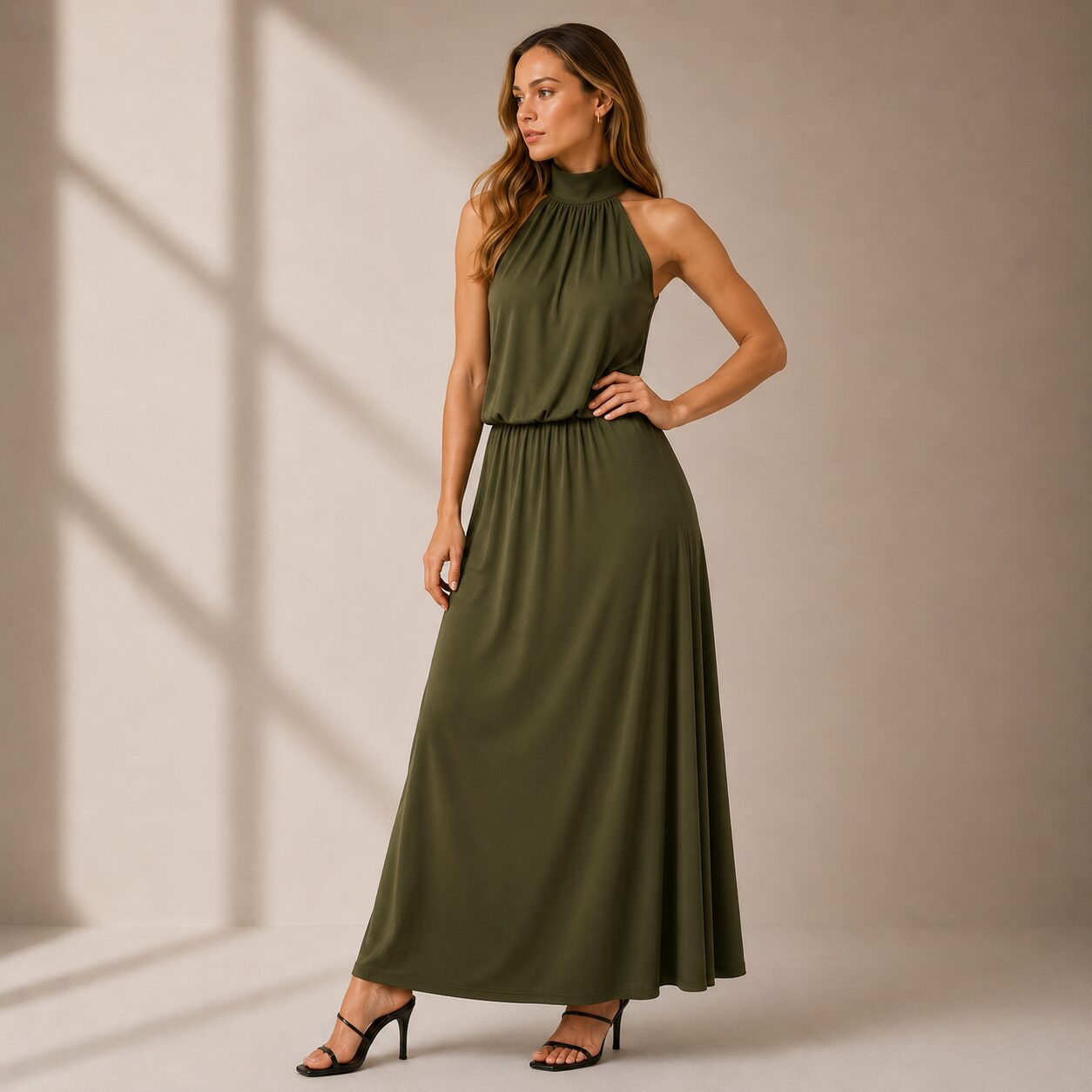 Olive Green Halter-Neck Maxi Dress Made in South Africa Tall