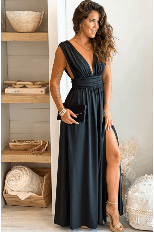 Plunge neck front slit maxi dress
