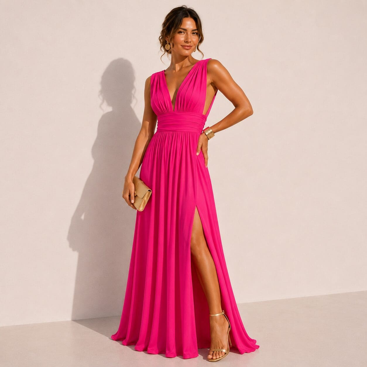 Hot pink Plunge neck maxi dress made in South Africa Hot pink Plunge neck maxi dress made in South Africa