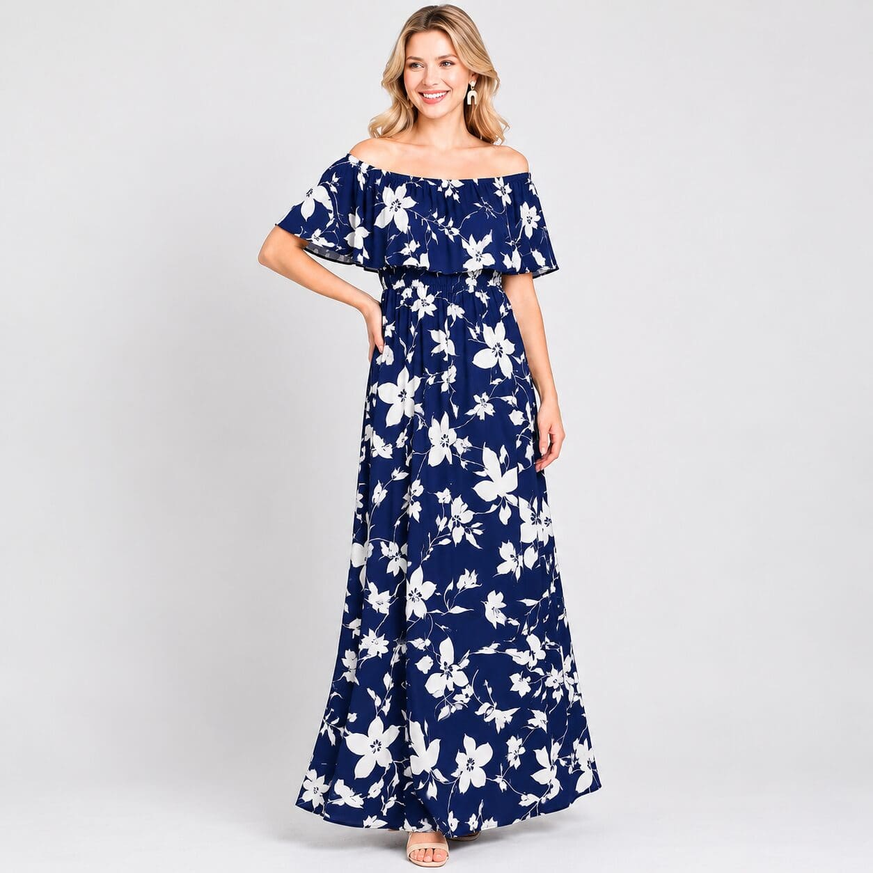 Flounce Off Shoulder Maxi Dress Made in South Africa Flounce Off Shoulder Maxi Dress Made in South Africa blue floral