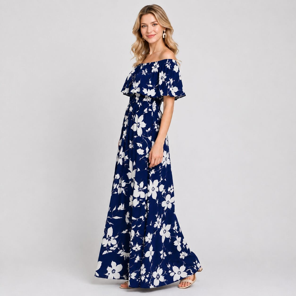 Flounce Off Shoulder Maxi Dress Made in South Africa Flounce Off Shoulder Maxi Dress Made in South Africa blue floral
