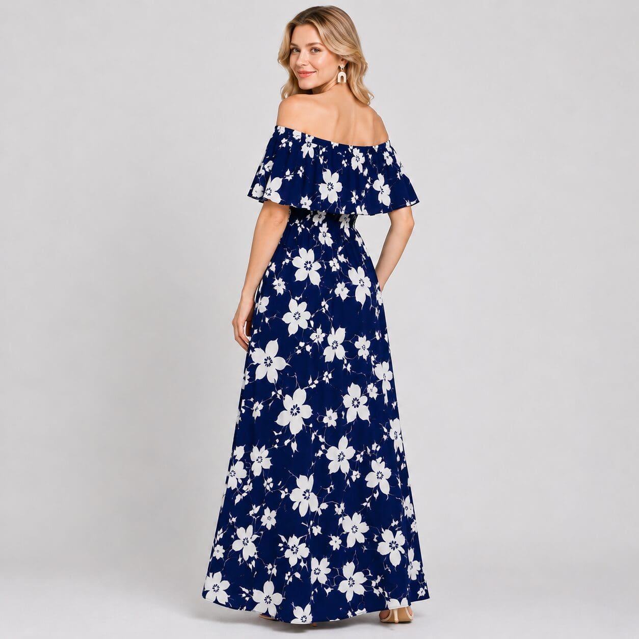 Flounce Off Shoulder Maxi Dress Made in South Africa blue floral Flounce Off Shoulder Maxi Dress Made in South Africa blue floral
