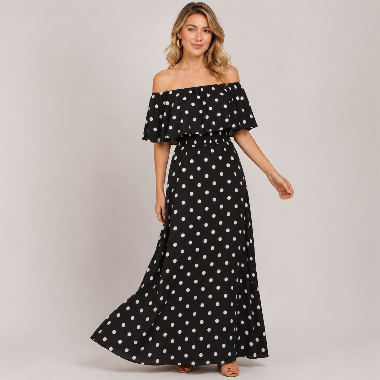 Flounce Off Shoulder Maxi Dress Made in South Africa Polkadot Flounce Off Shoulder Maxi Dress Made in South Africa Polkadot