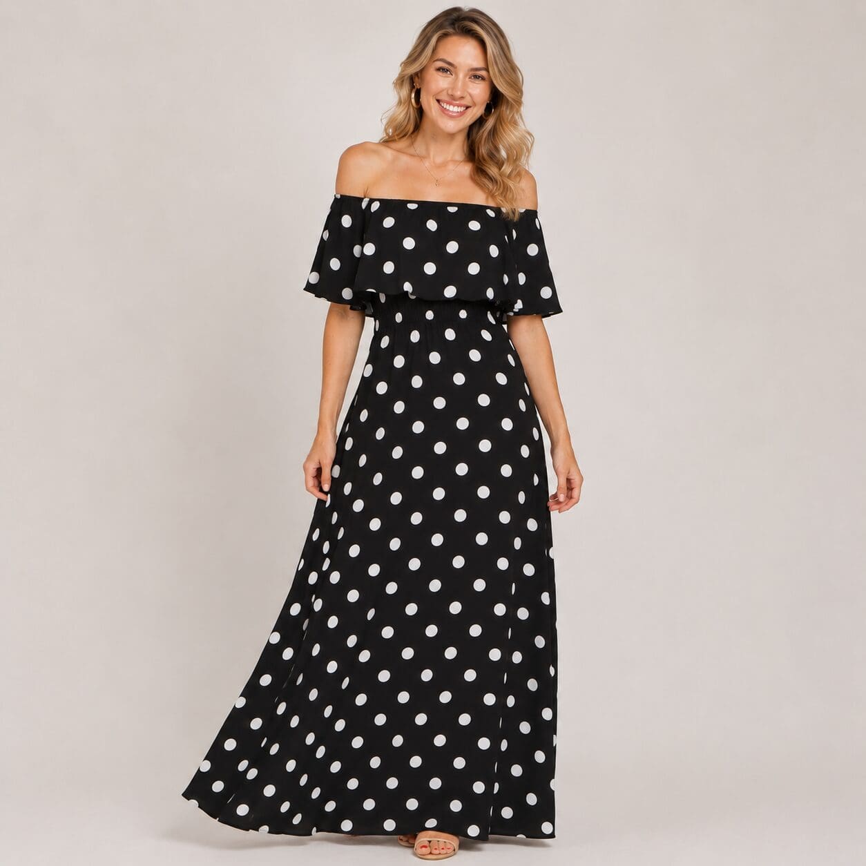 Flounce Off Shoulder Maxi Dress Made in South Africa Polkadot Flounce Off Shoulder Maxi Dress Made in South Africa Polkadot