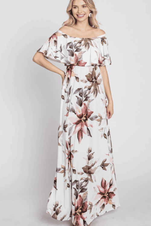 Off shoulder flounce maxi dress made in south africa