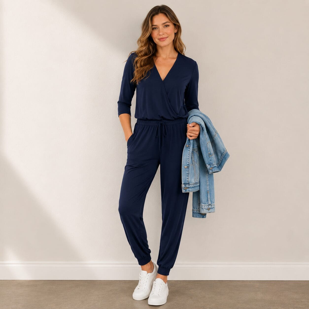 V Neck Cuffed Jumpsuit Long Sleeve for All Sizes Plus Size and Tall casual navy V Neck Cuffed Jumpsuit Long Sleeve for All Sizes Plus Size and Tall casual navy