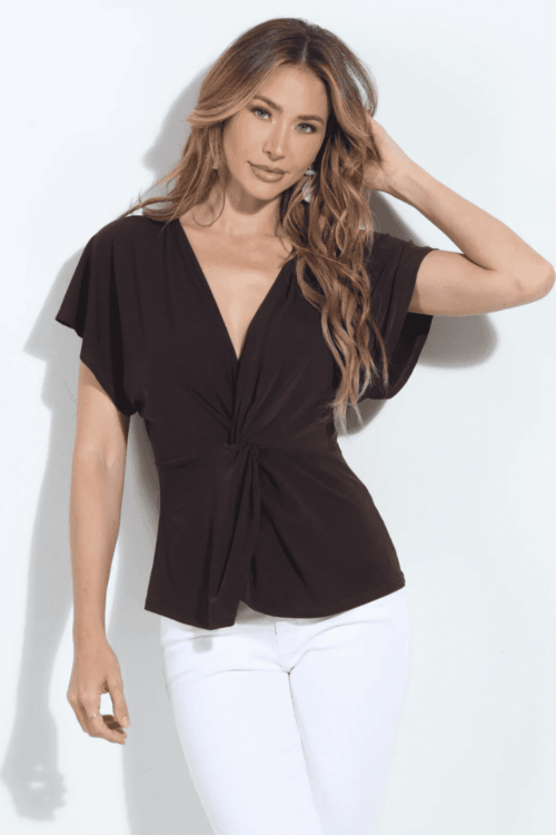 Front Twist Dolman Sleeve Top Chocolate Brown