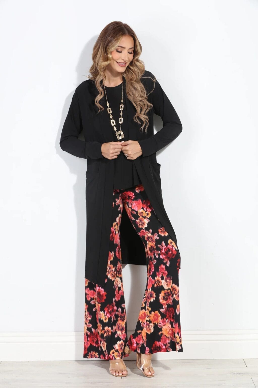 Loose Fit Tank Top Black with cardigan set Close-up of stretch fabric and comfortable waistband on locally made South African flare pants mid length ladies cardigan