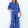 High Waist Boot Cut Stretch Pants Blue Set Woman wearing black flare stretch pants paired with a mid-length cardigan and racerback top – coordinated loungewear set made in South Africa