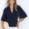 plunge neck top made in south africa front view dolman Sleeve navy
