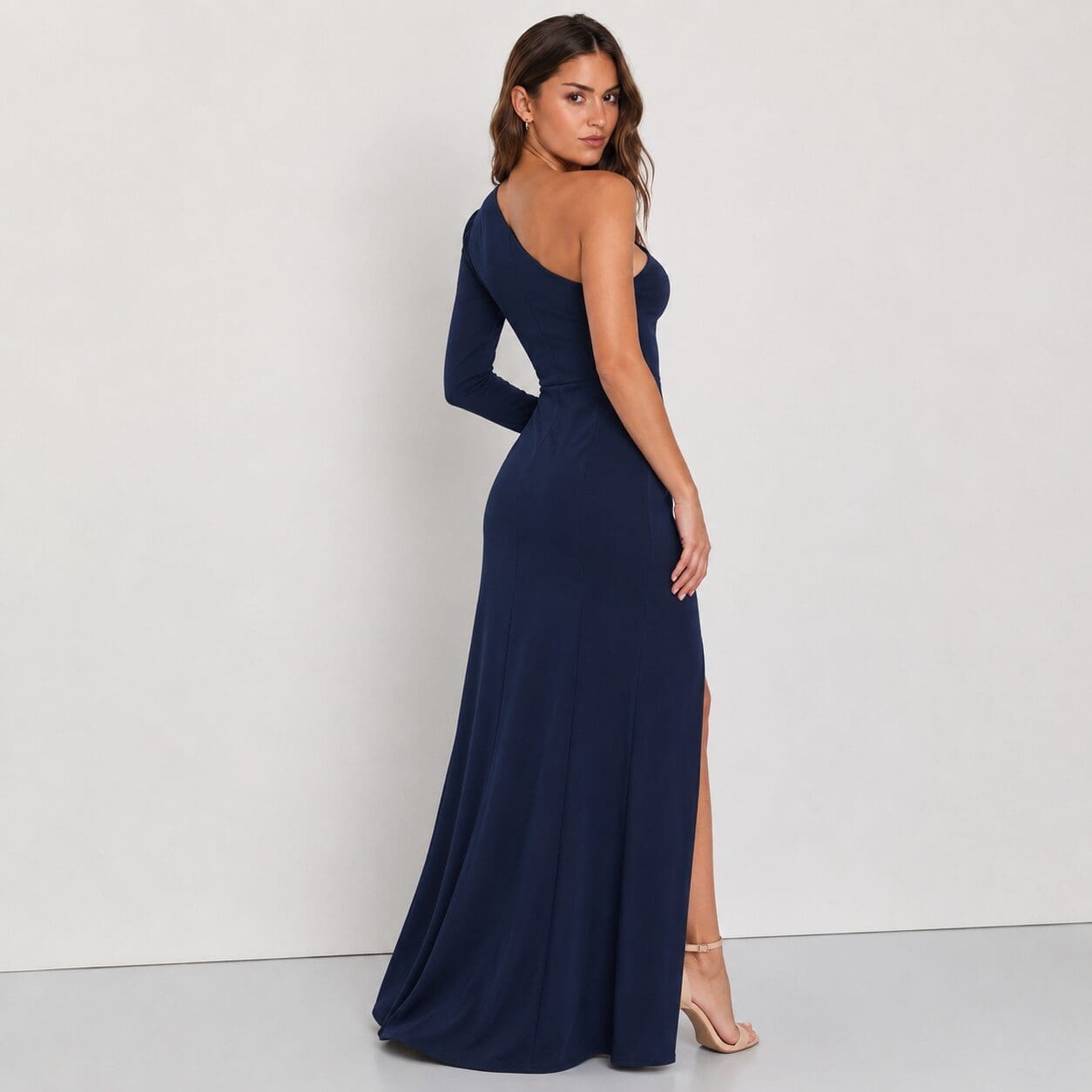 Long sleeve single shoulder winter maxi dress Long sleeve navy single shoulder winter maxi dress