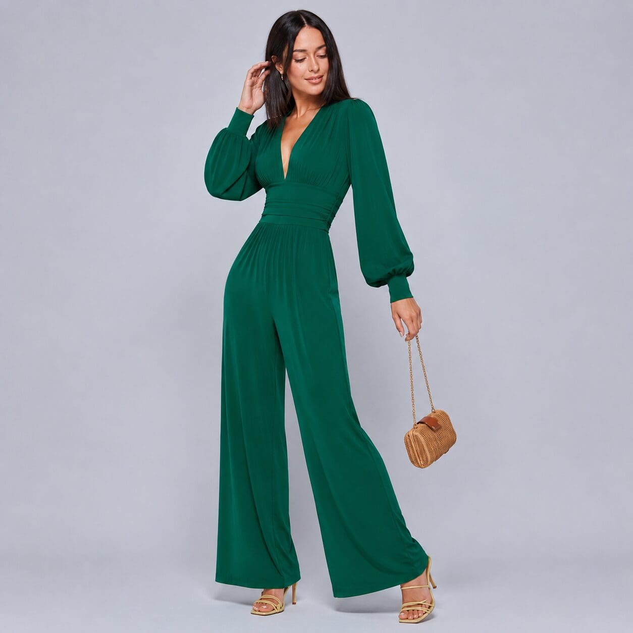 Emerald green Plunge Neck Jumpsuit Wide leg made in South Africa Image With bishop sleeve and cuff Emerald green Plunge Neck Jumpsuit Wide leg made in South Africa Image With bishop sleeve and cuff