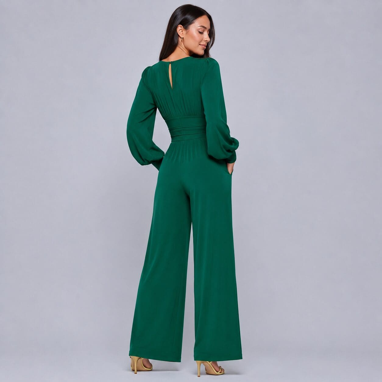 Emerald green Plunge Neck Jumpsuit Wide leg made in South Africa Image With bishop sleeve and cuff Emerald green Plunge Neck Jumpsuit Wide leg made in South Africa Image With bishop sleeve and cuff
