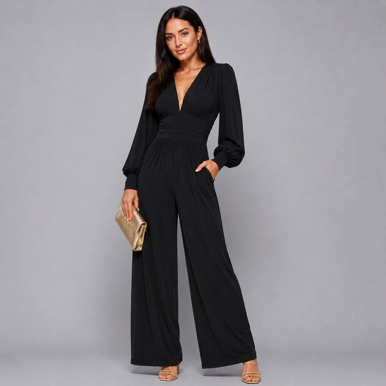 Black Plunge Neck Jumpsuit Wide leg made in South Africa Image With bishop sleeve and cuff Black Plunge Neck Jumpsuit Wide leg made in South Africa Image With bishop sleeve and cuff