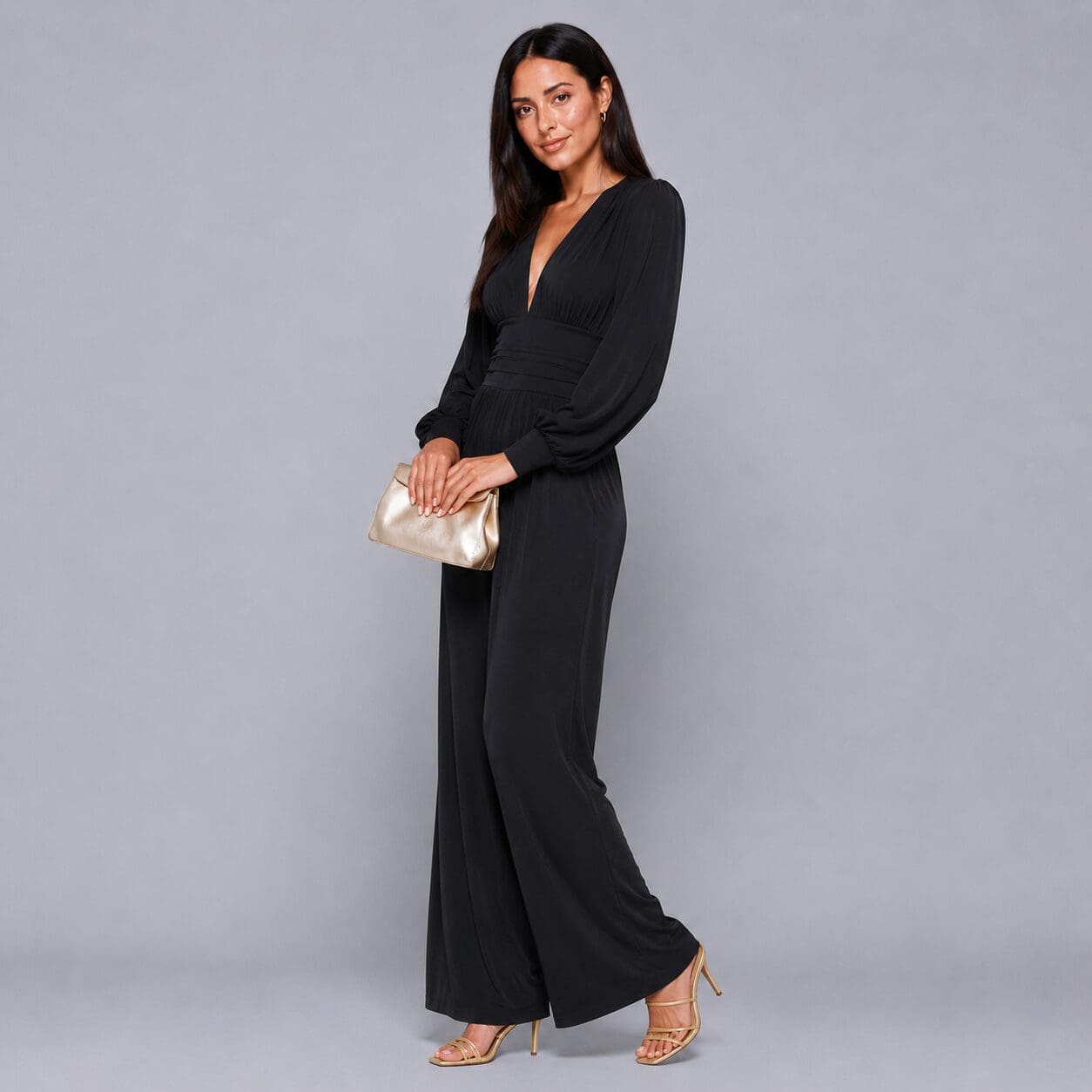 Black Plunge Neck Jumpsuit Wide leg made in South Africa Image With bishop sleeve and cuff Black Plunge Neck Jumpsuit Wide leg made in South Africa Image With bishop sleeve and cuff