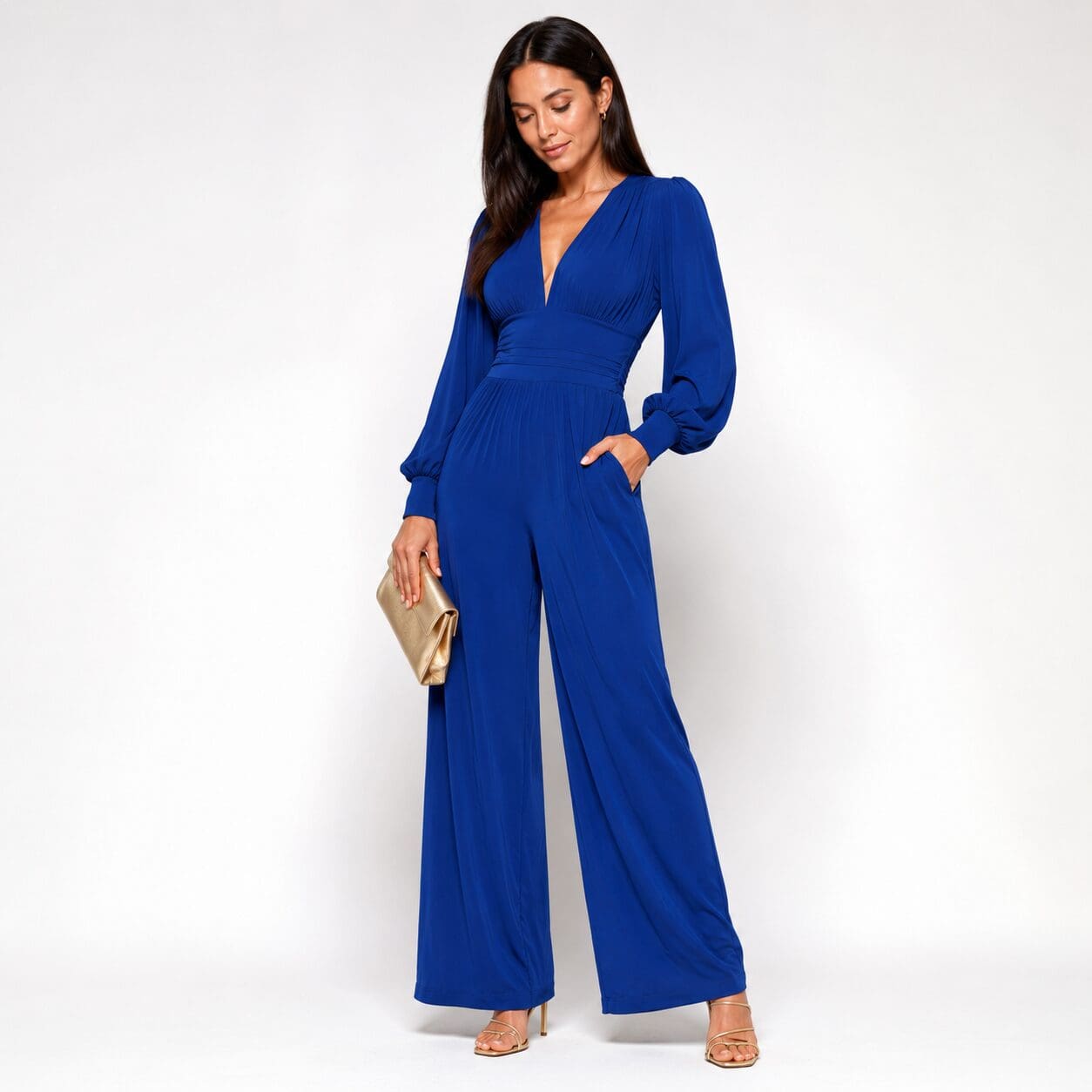 Royal Blue Plunge Neck Jumpsuit Wide leg made in South Africa Image With bishop sleeve and cuff Royal Blue Plunge Neck Jumpsuit Wide leg made in South Africa Image With bishop sleeve and cuff