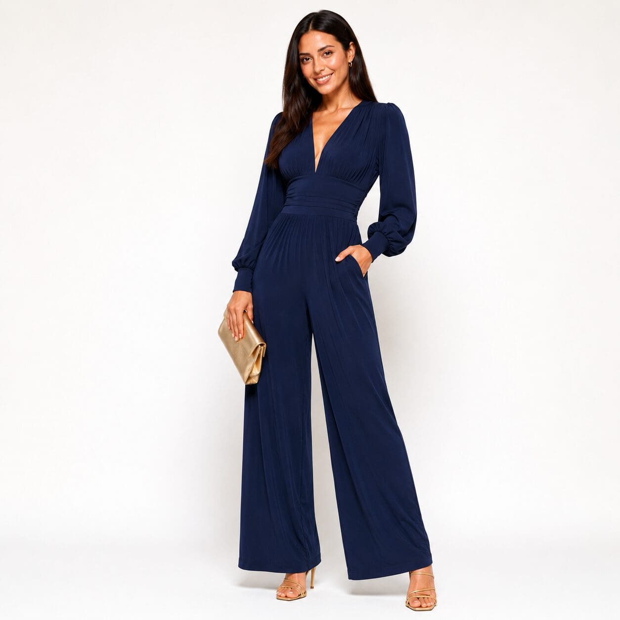 Black Plunge Neck Jumpsuit Wide leg made in South Africa Image With bishop sleeve and cuff Navy Plunge Neck Jumpsuit Wide leg made in South Africa Image With bishop sleeve and cuff
